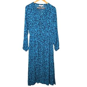 LOFT Women Turquoise Ditsy Blue Floral Cinch Waist Button Down Midi Dress Size 8